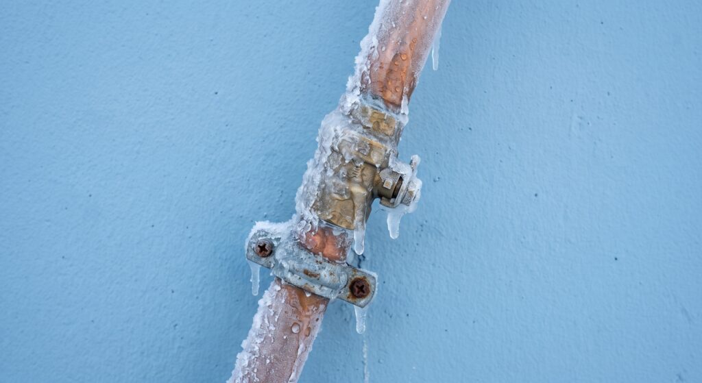 Frost-covered rusty metal pipe joint with icicles against a blue wall